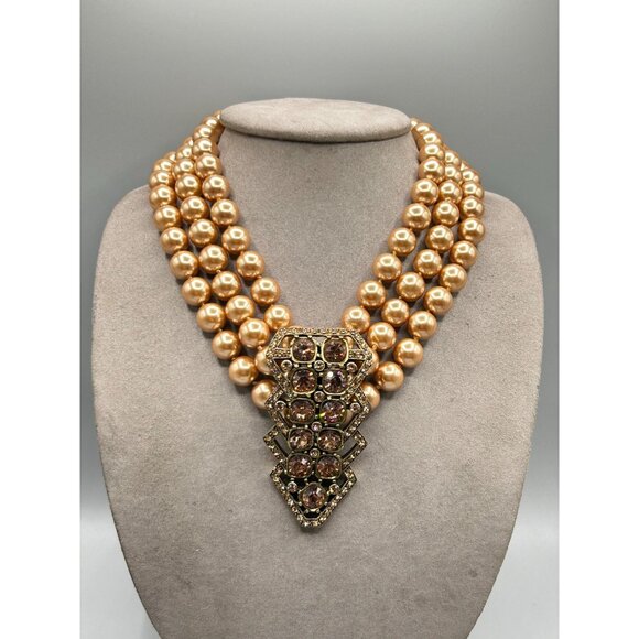 Heidi Daus Champagne Pearls Triple Strand Necklace Large Crystals Pave Pendant - Picture 2 of 8